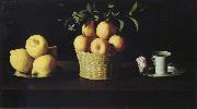 Francisco de Zurbaran Style life with lemon of orange and a rose oil